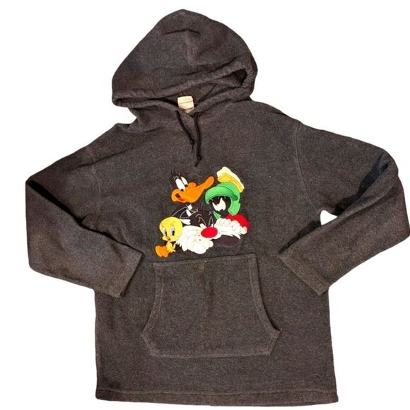 Warner Brothers Y2K‎ Gray embroidered Looney Tunes hoodie sweatshirt men's small - Picture 1 of 5